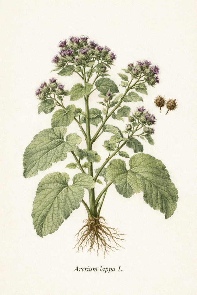Dessin botanique de la grande bardane ou bardane commune