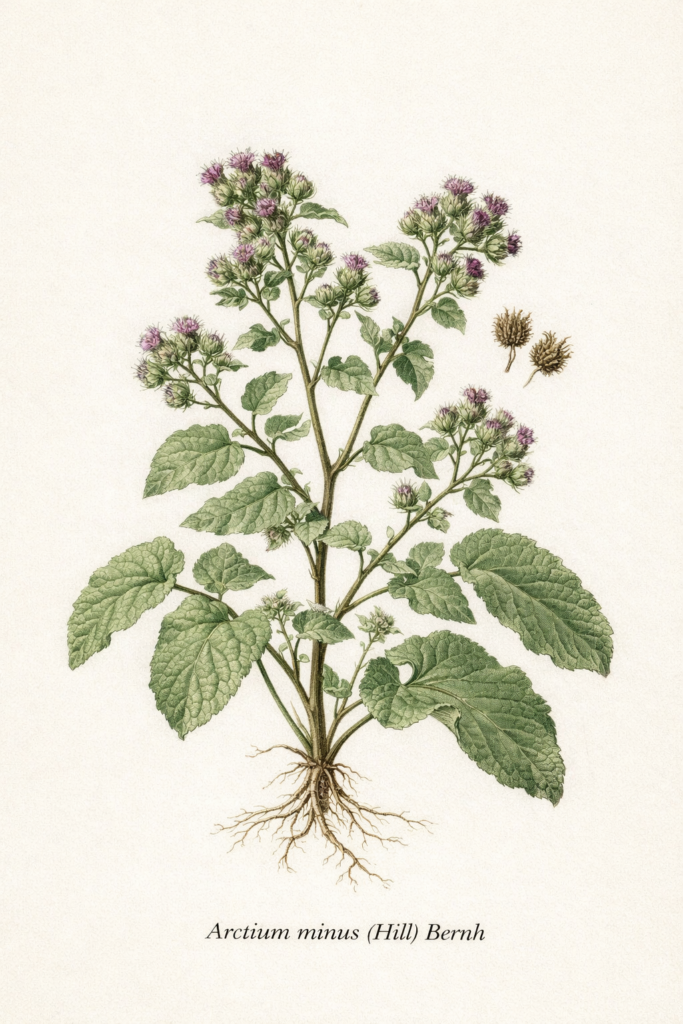 Dessin botanique de la petite bardane ou bardane à petites têtes