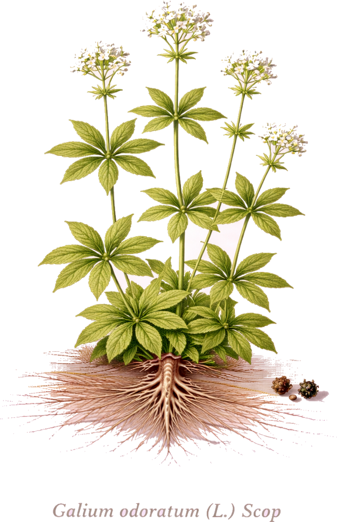 Planche botanique de l'aspérule odorante (Galium odoratum)