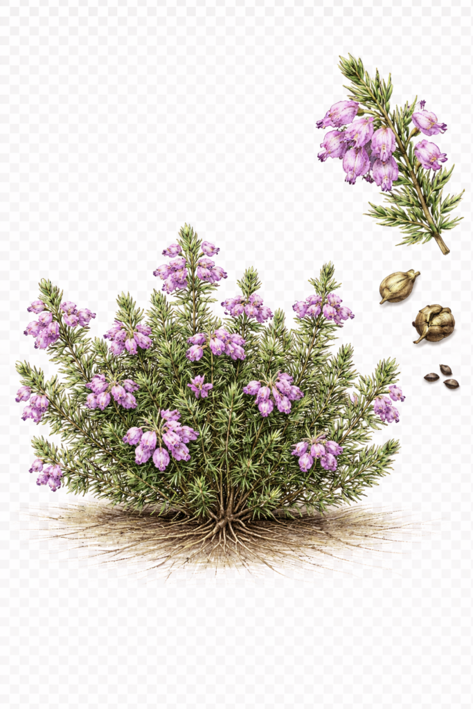 Planche botanique de la bruyère cendrée, Erica cinerea