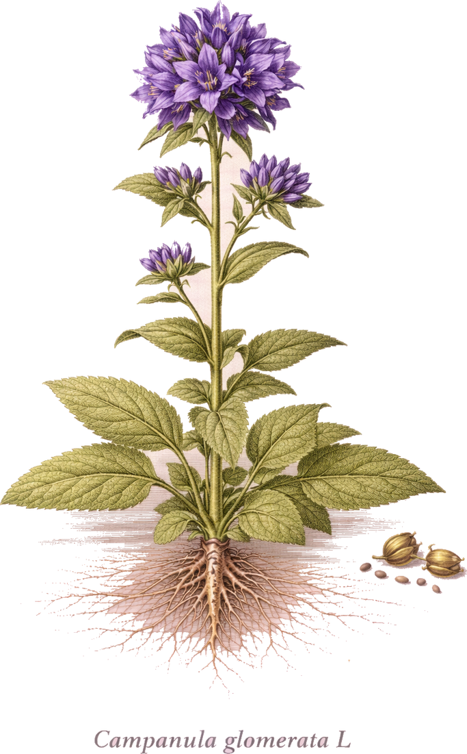 Planche botanique de la campanule agglomérée (Campanula glomerata)