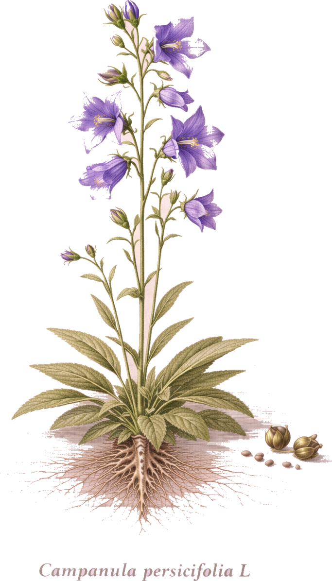 Planche botanique de la campanule à feuilles de pêcher (Campanula persicifolia)