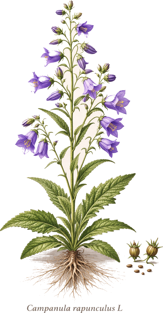 Planche botanique de la campanule raiponce (Campanula rapunculus)