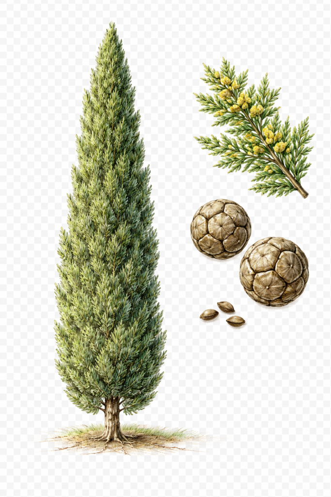 Planche botanique du cyprès toujours vert, Cupressus sempervirens