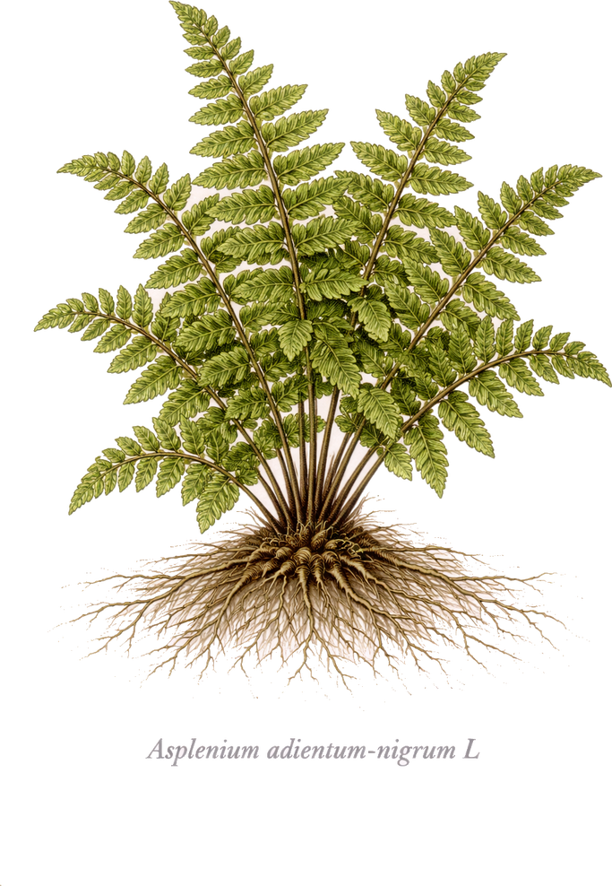 Planche botanique de la doradille noire (Asplenium adiantum-nigrum)