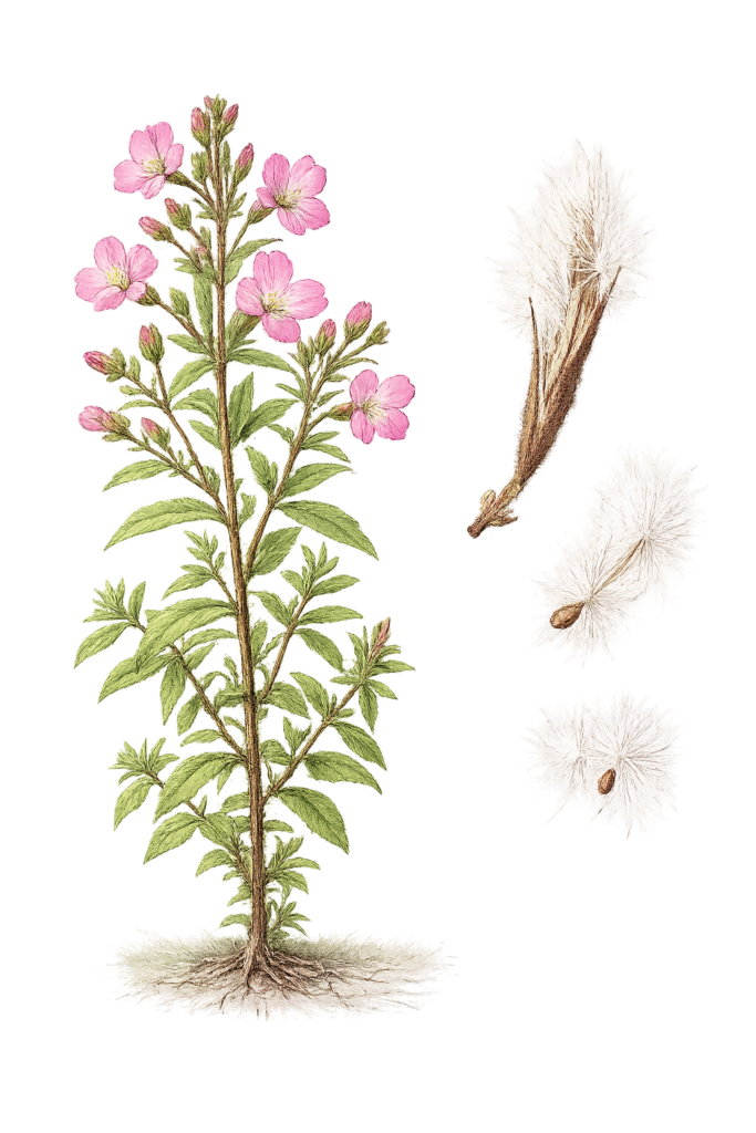Planche botanique de l'épilobe hirsute, Epilobium hirsutum