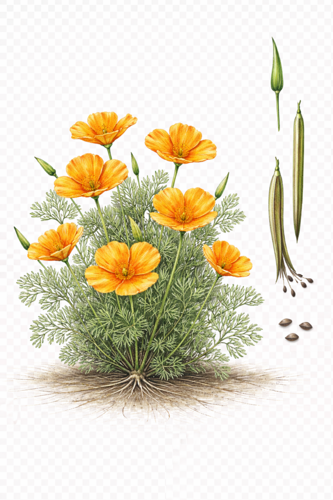Planche botanique de l'eschscholtzia, Eschscholzia californica