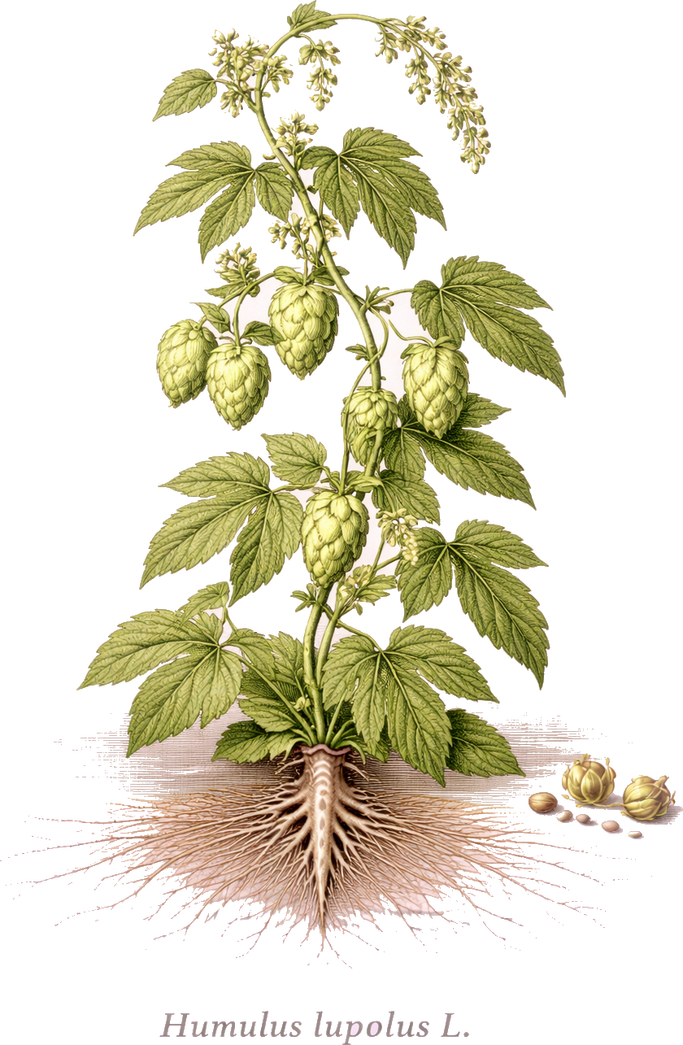 Planche botanique du houblon (Humulus lupulus)