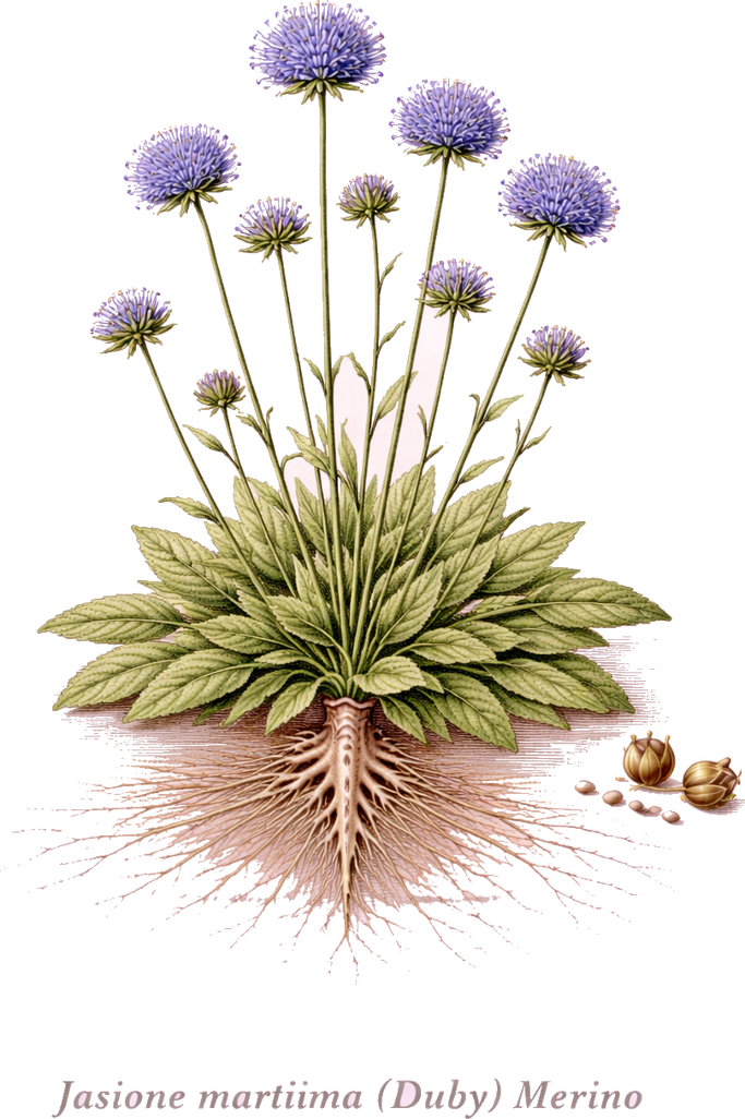 Planche botanique de la jasione des sables (Jasione maritima)