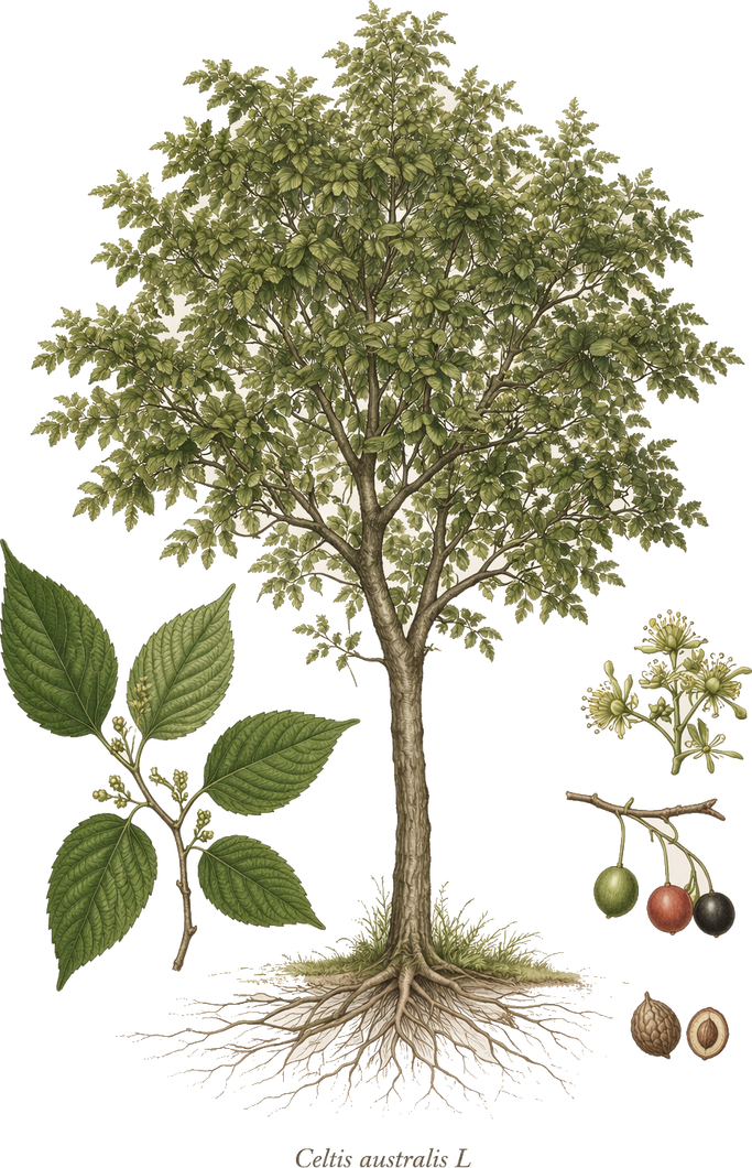 Planche botanique du micocoulier de Provence (Celtis australis)
