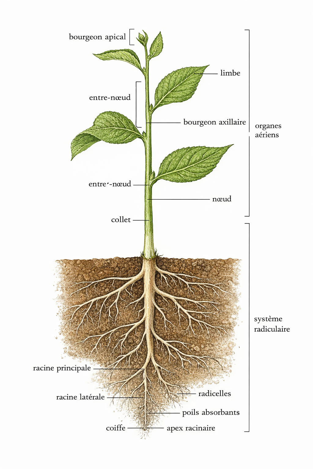 Schéma de l’organisation d’une plante : racine, tige, feuille et fleur