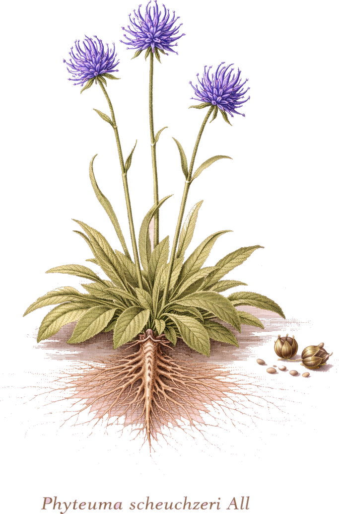 Planche botanique de la raiponce des Alpes (Phyteuma scheuchzeri)