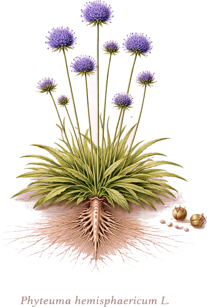 Planche botanique de la raiponce hémisphérique (Phyteuma hemisphaericum)