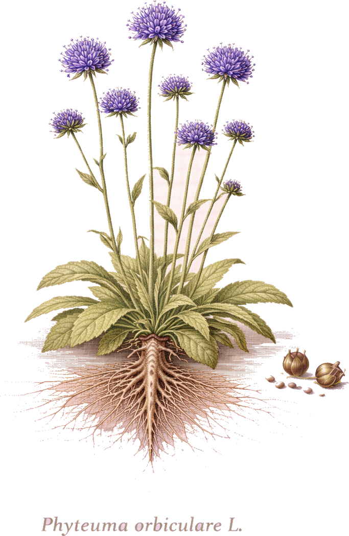 Planche botanique de la raiponce orbiculaire (Phyteuma orbiculare)