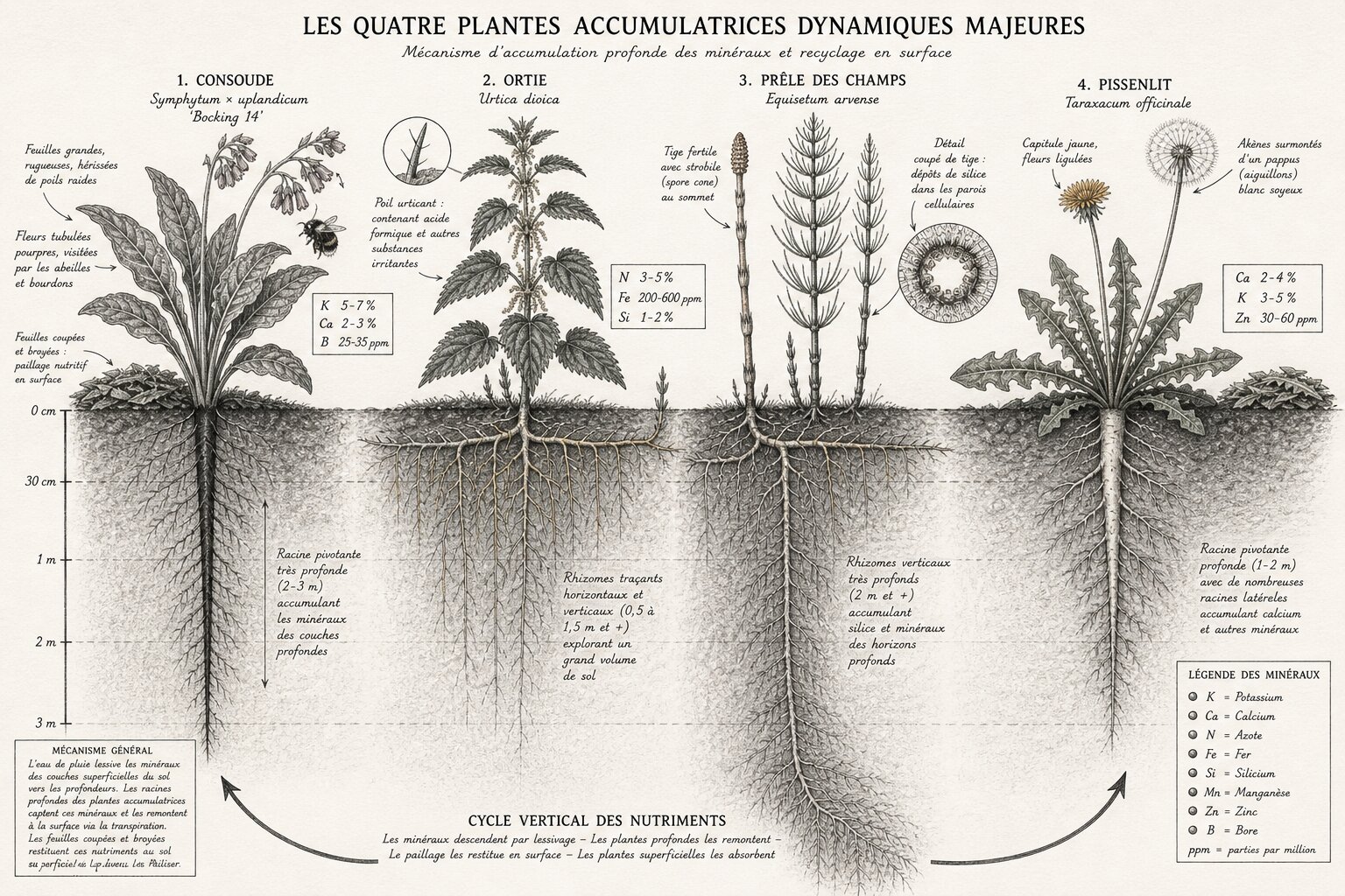 Planche botanique : consoude, ortie, prêle et pissenlit avec leurs systèmes racinaires et concentrations minérales