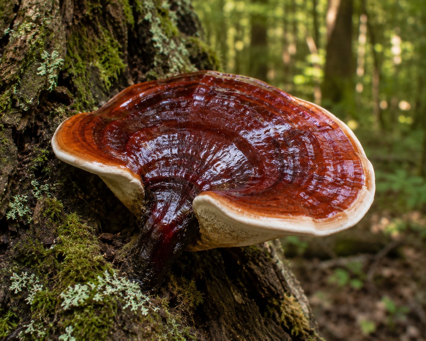 Carpophore de reishi (Ganoderma lucidum), chapeau en forme de rein, surface vernissée rouge-brun, marge ondulée, fixé sur une souche de chêne dans un sous-bois humide