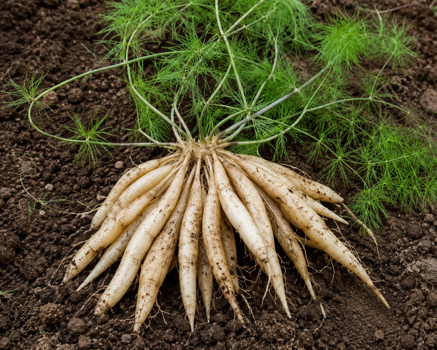 Racines tubéreuses fasciculées de shatavari (Asparagus racemosus), longues, fusiformes, blanc-beige, avec à côté les tiges grimpantes à cladodes fins en aiguille