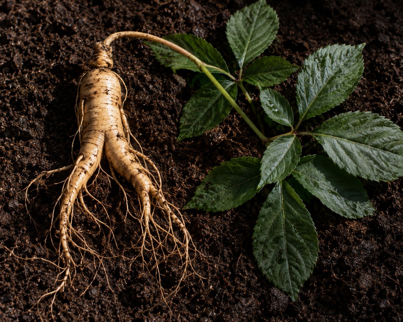 Racine de ginseng asiatique (Panax ginseng) fraîchement déterrée, anthropomorphe, avec ses radicelles, posée sur un fond de terre sombre, à côté de feuilles composées palmées