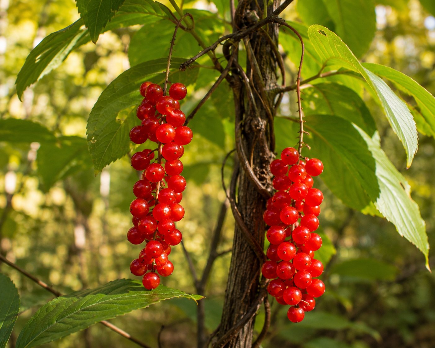 Grappes pendantes de baies rouges de schisandra (Schisandra chinensis) sur une liane ligneuse avec des feuilles ovales vert brillant