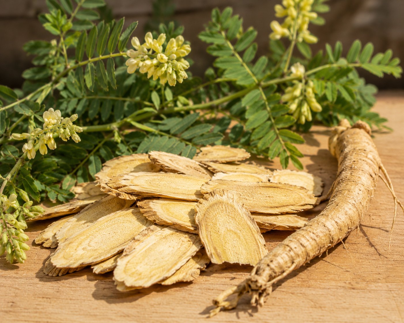 Racines d'astragale (Astragalus membranaceus) séchées et coupées en lamelles, de couleur jaune pâle, fibreuses, avec à côté une plante entière montrant les feuilles composées pennées
