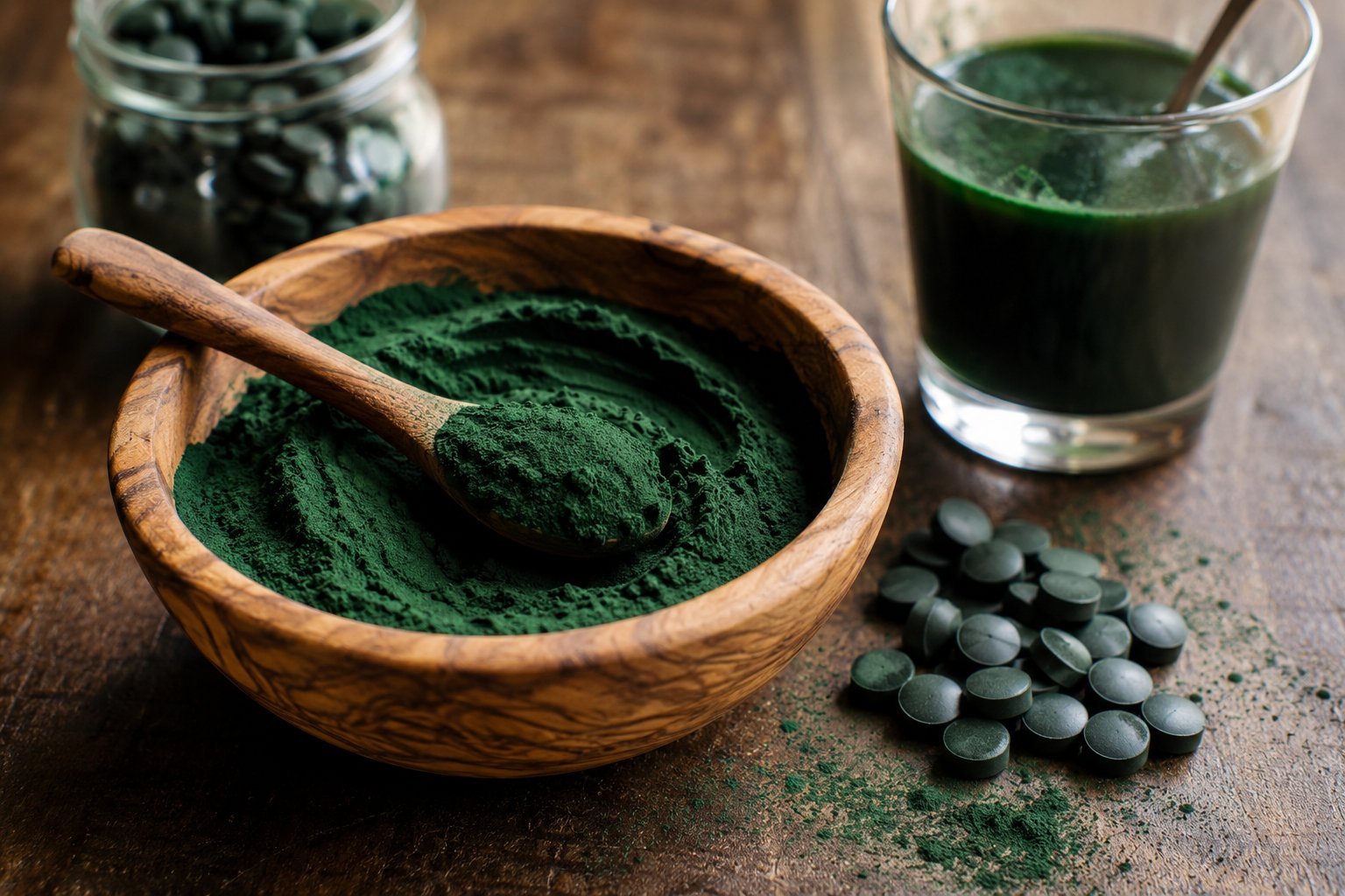 Spiruline en poudre vert foncé dans un bol en bois, avec des comprimés de spiruline et une cuillère à côté