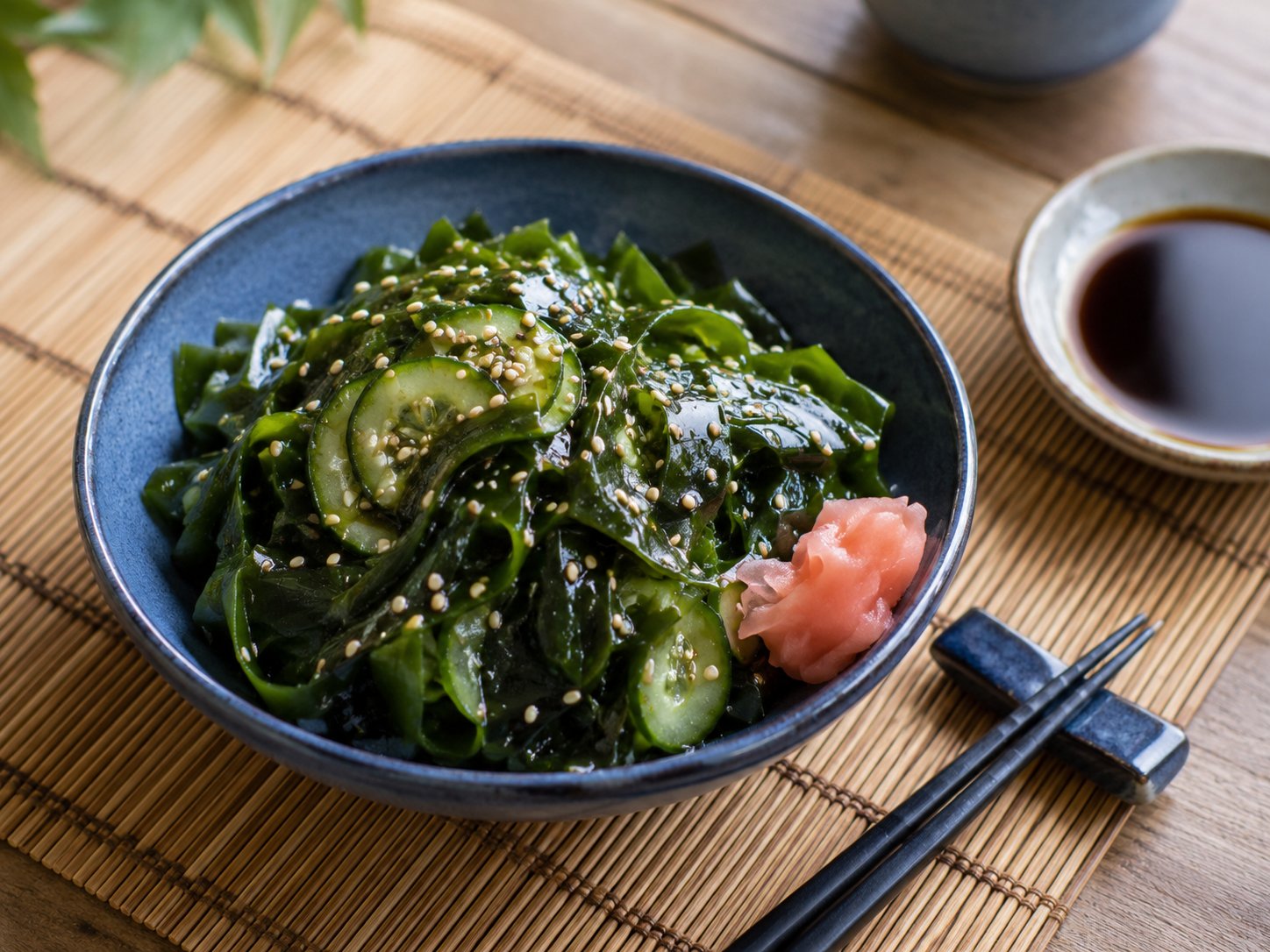 Salade de wakamé réhydraté, lanières vert foncé brillant, parsemée de graines de sésame blanc, dans un bol en céramique