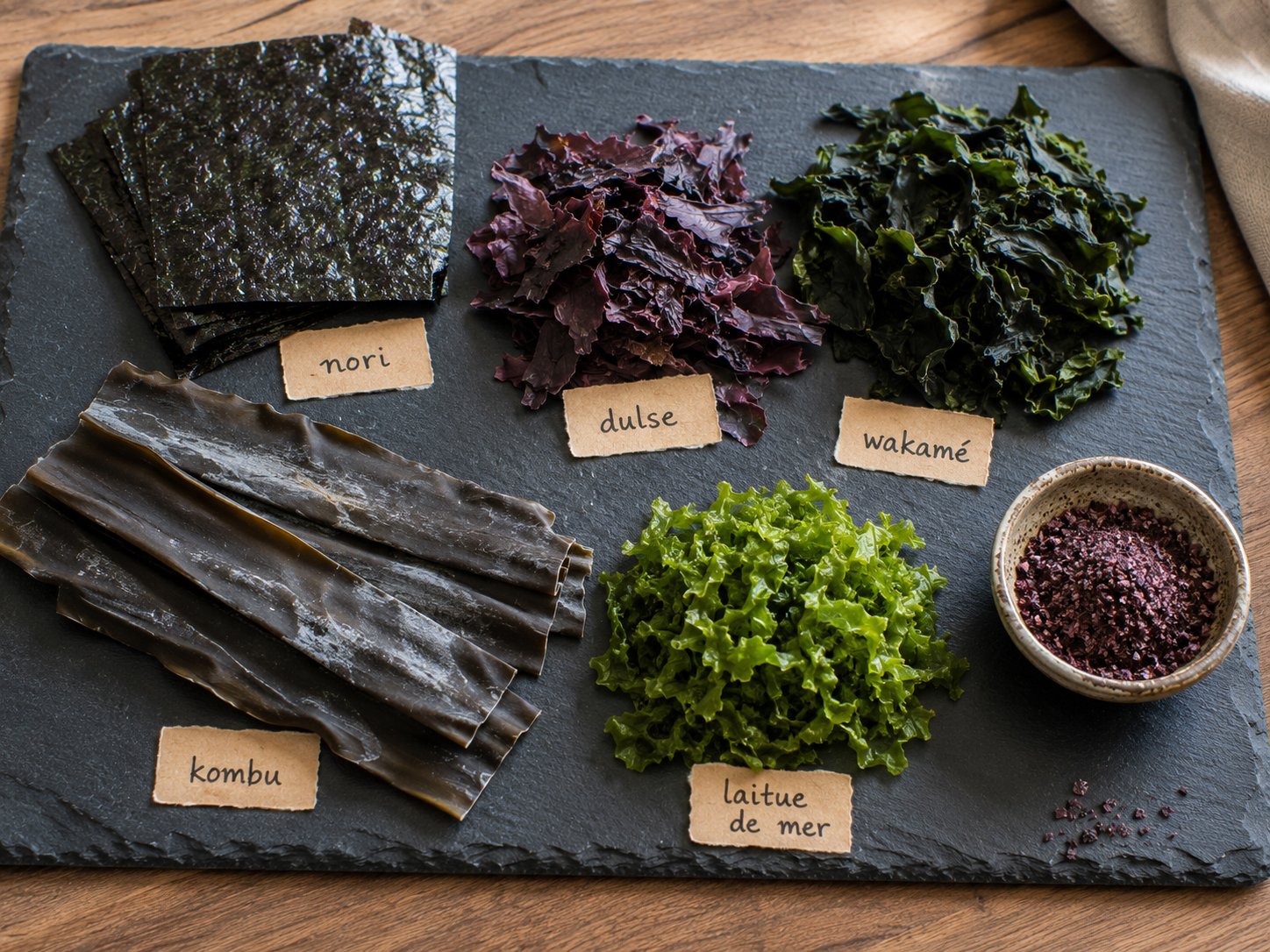 Variété d'algues marines séchées étalées sur une surface en ardoise — wakamé, nori, dulse, laitue de mer, kombu — couleurs variées du vert au brun au pourpre