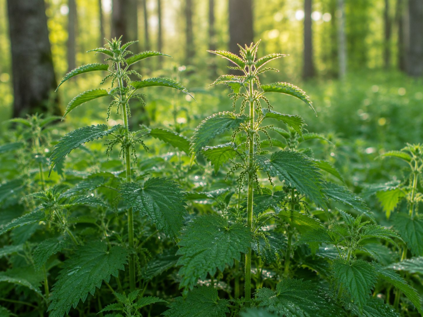 Touffe d'orties (Urtica dioica) en pleine croissance printanière, feuilles vert vif opposées et dentées, tiges dressées couvertes de poils urticants