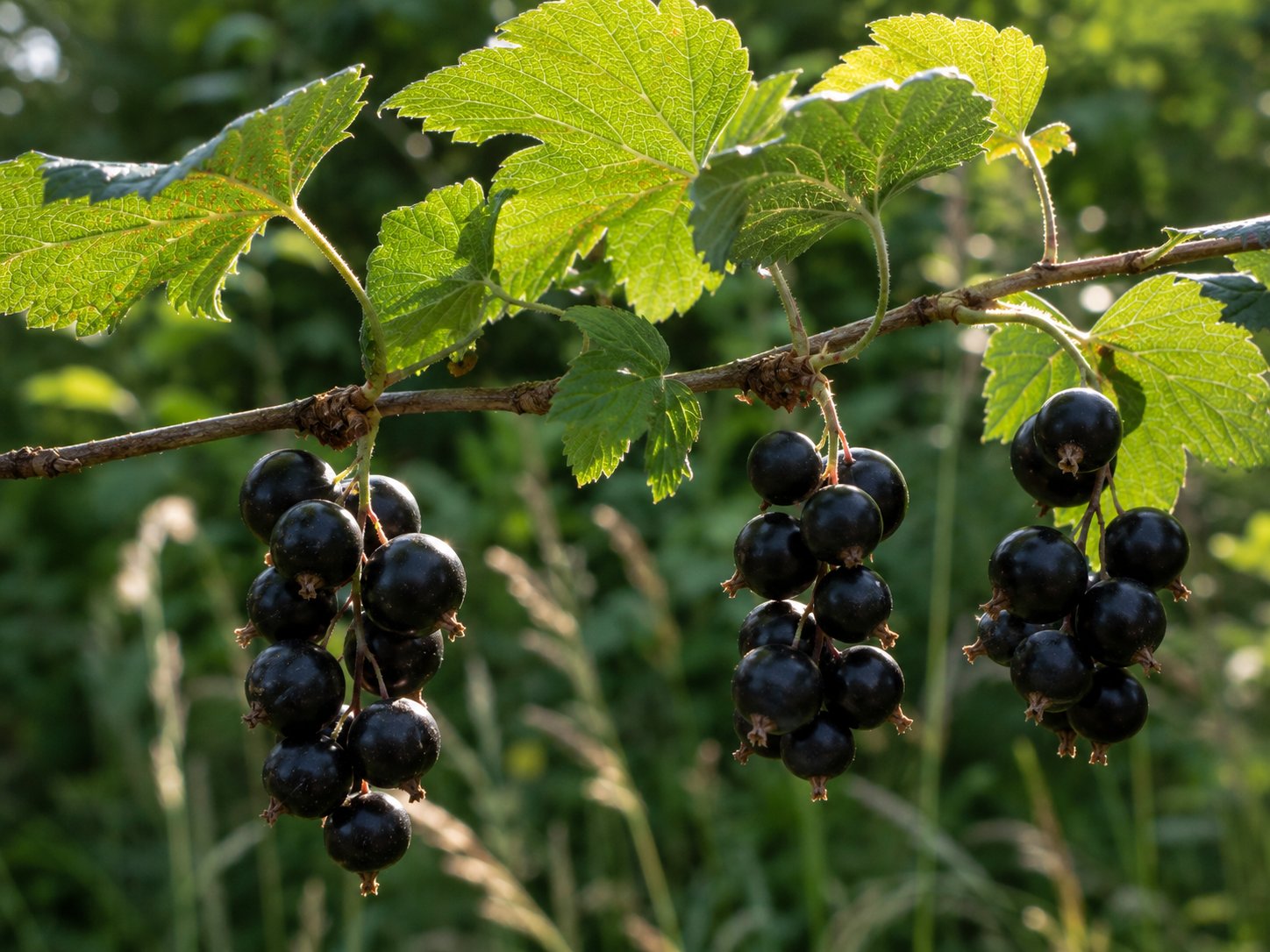 Grappes de cassis sauvage (Ribes nigrum), baies noir violacé luisantes sur des rameaux à feuilles palmatilobées aromatiques