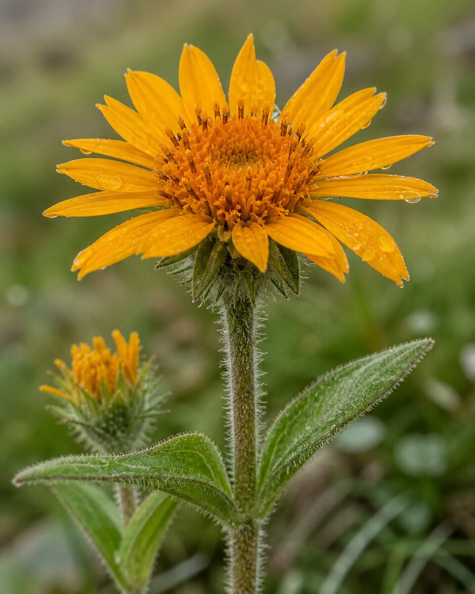 Planche botanique Arnica montana — capitule, feuilles, rhizome et akènes