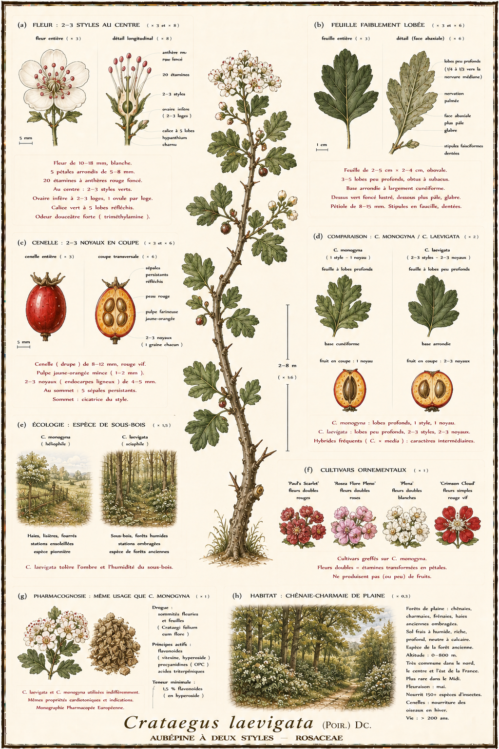 Planche botanique Aubépine à deux styles