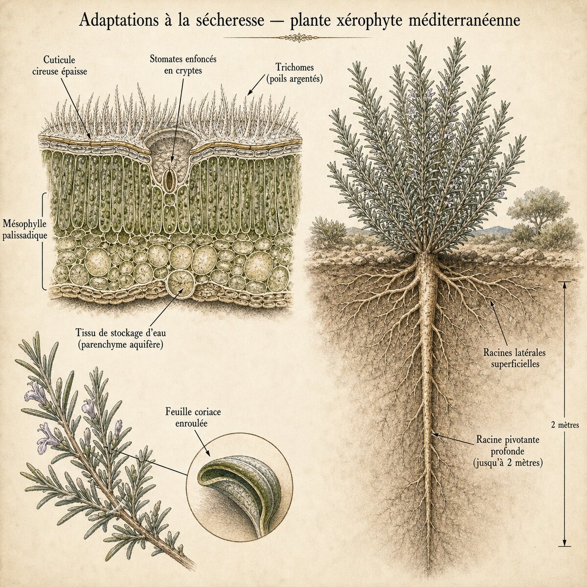 Illustration botanique des adaptations à la sécheresse : cuticule épaisse, trichomes, feuilles coriaces, enracinement profond