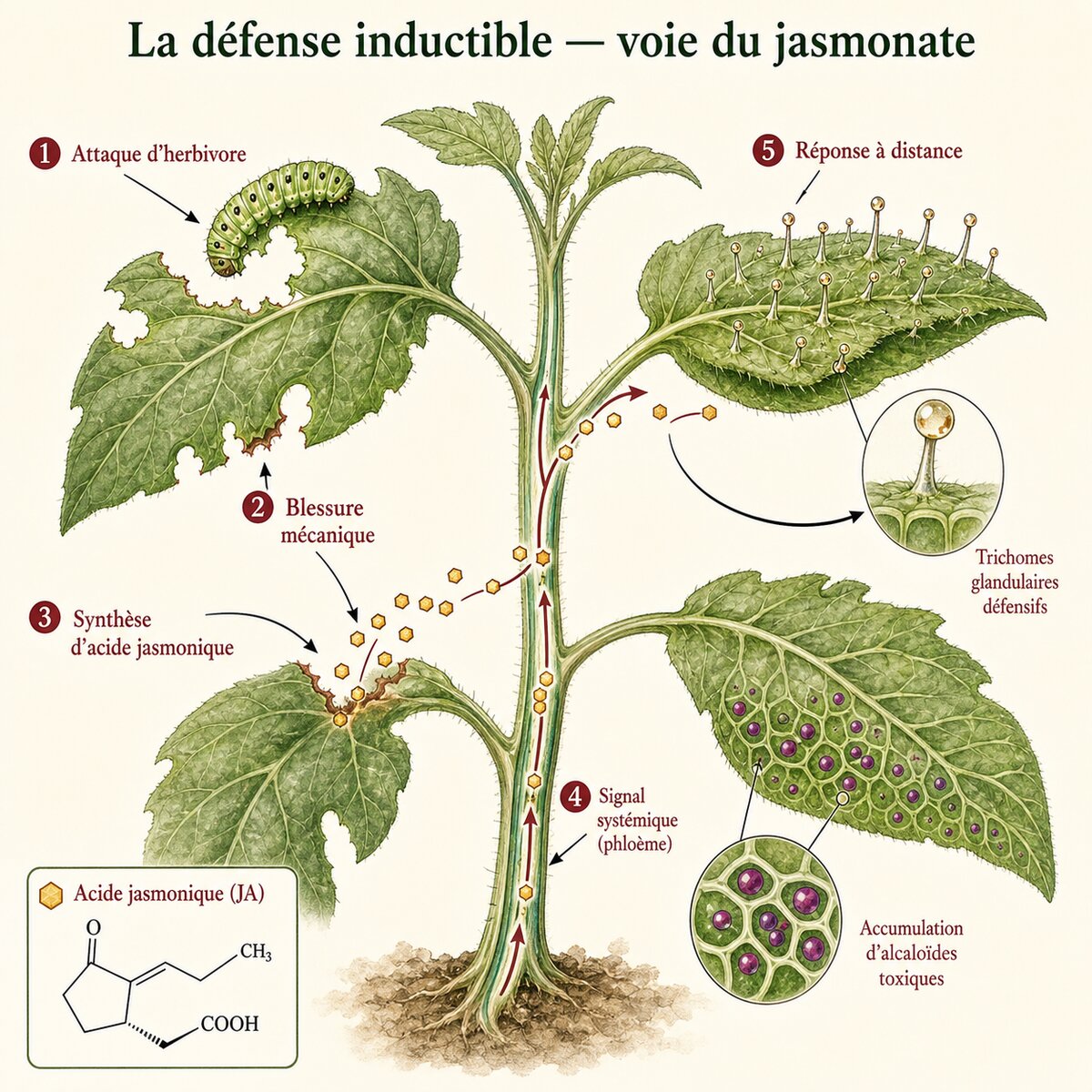 Schéma de la réponse de défense d'une plante attaquée par un herbivore via la voie du jasmonate