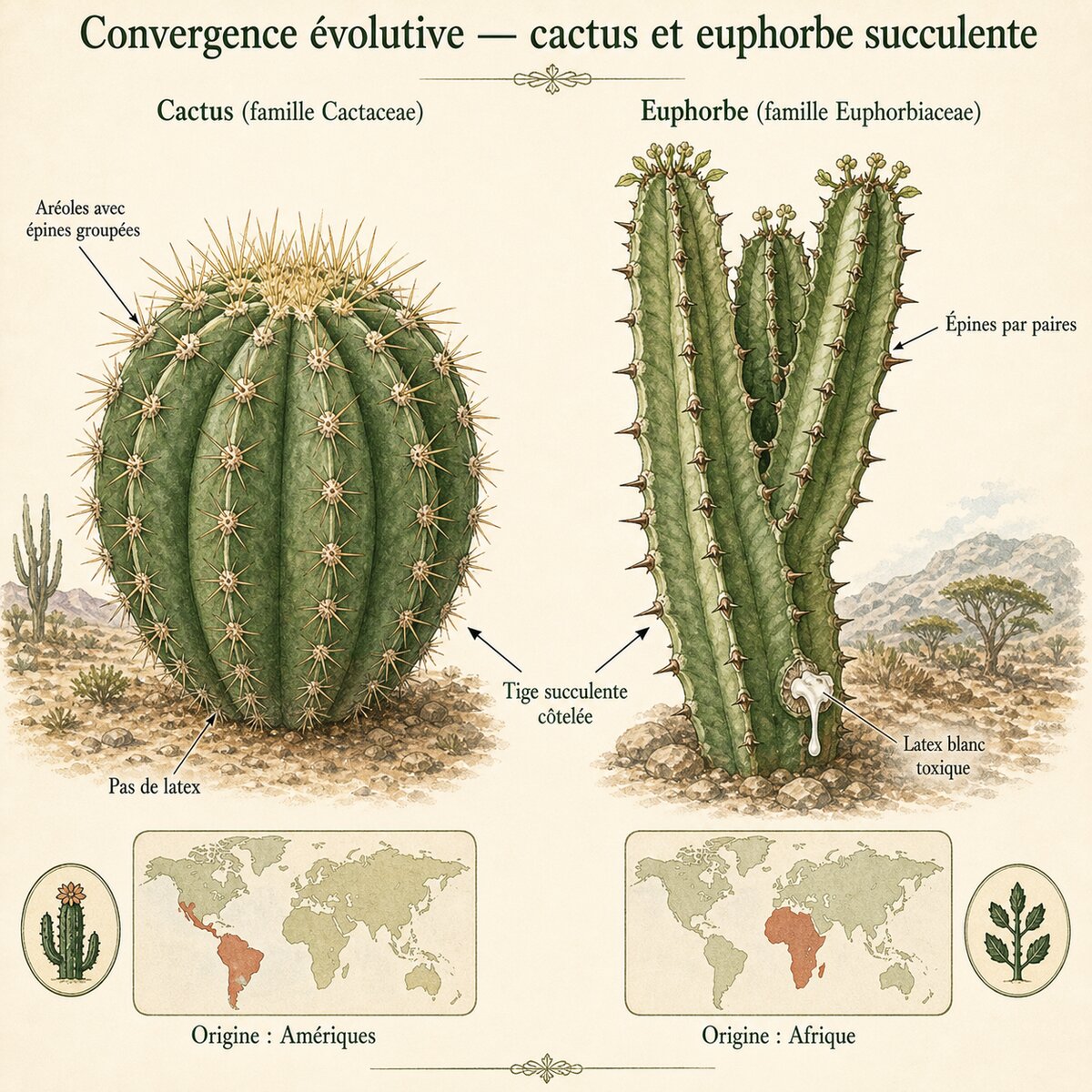 Comparaison d'un cactus et d'une euphorbe succulente montrant la convergence évolutive