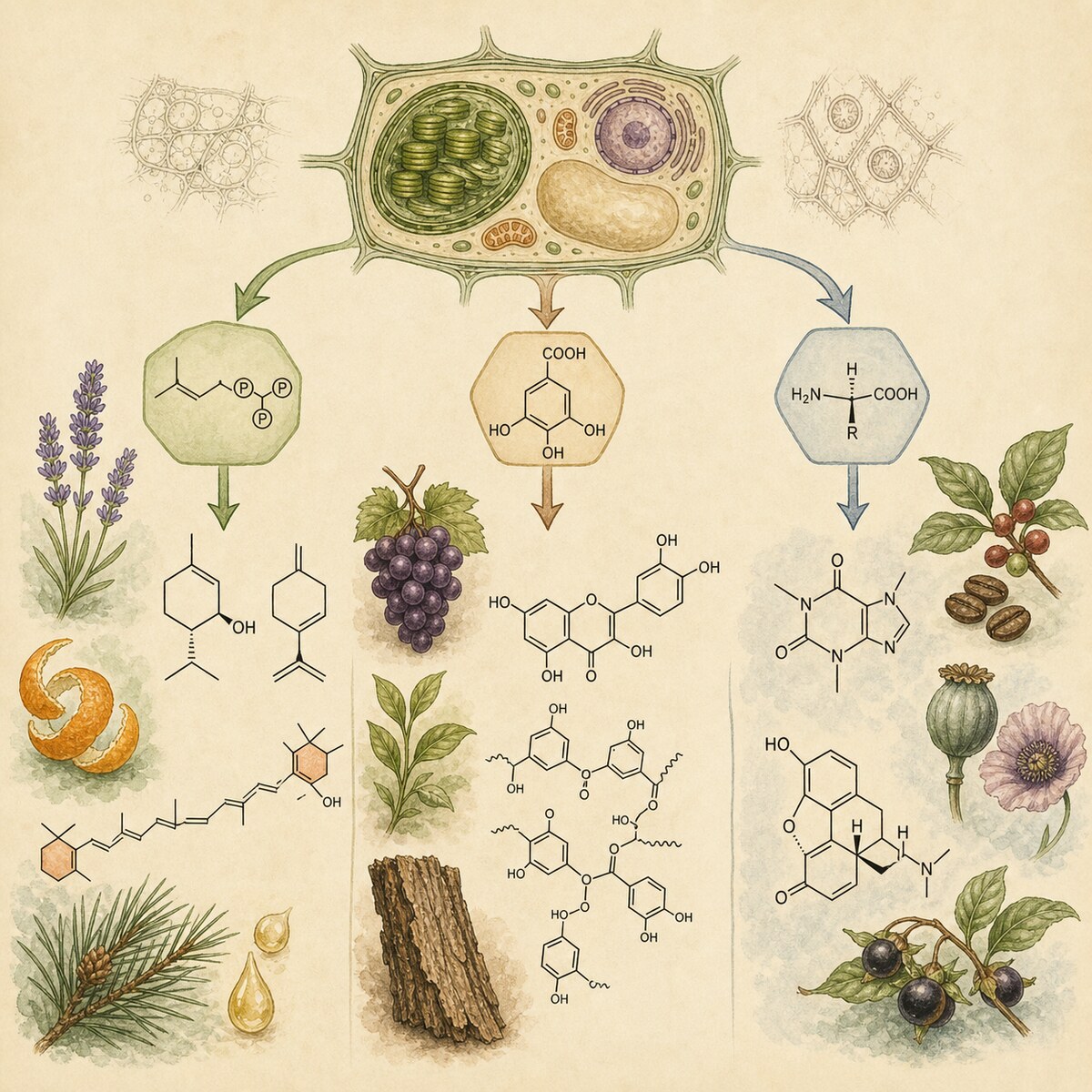 Les trois voies de biosynthèse des métabolites secondaires