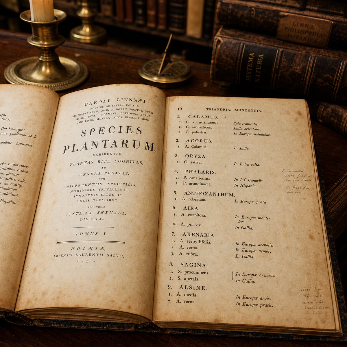 Page du Species Plantarum de Linné montrant la nomenclature binomiale