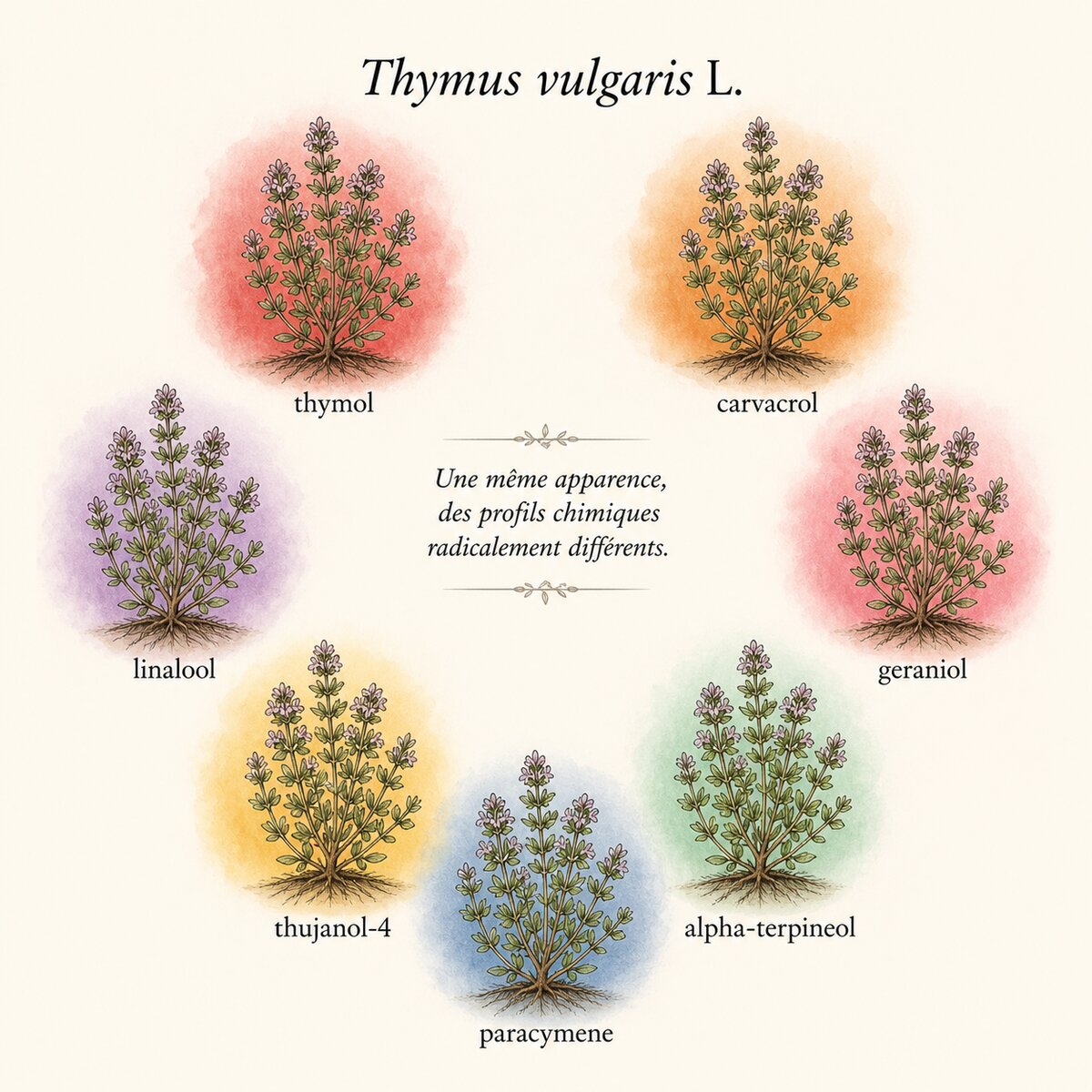 Illustration des sept chémotypes du thym commun et leurs profils chimiques distincts