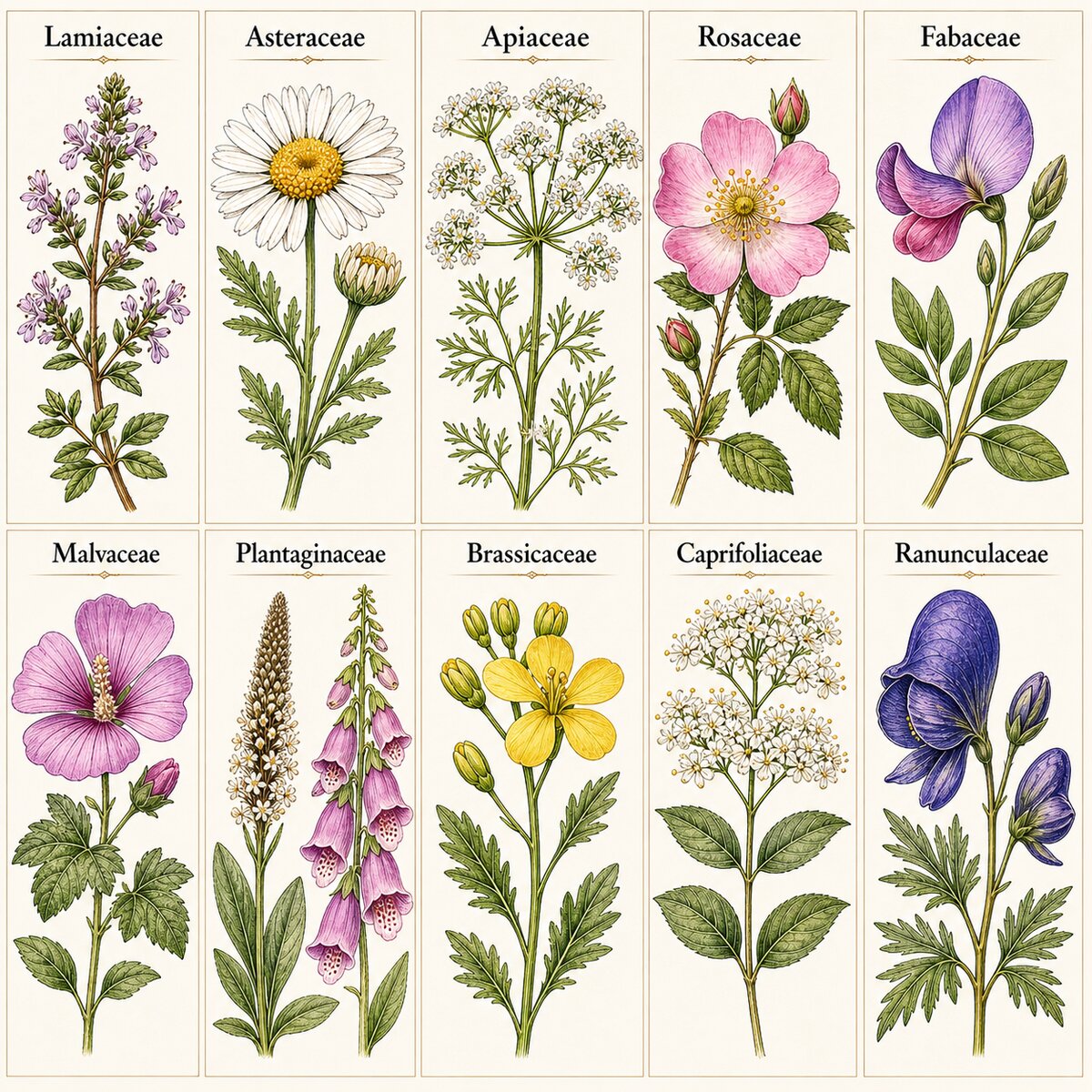 Illustration botanique des dix familles de plantes médicinales majeures