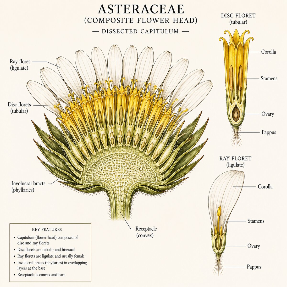 Anatomie d'un capitule de Composée montrant fleurons ligulés et tubuleux