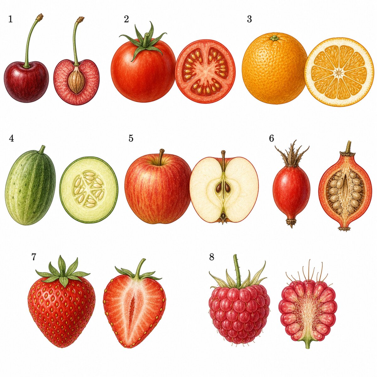 Fruits charnus en coupe — drupes, baies et fruits complexes