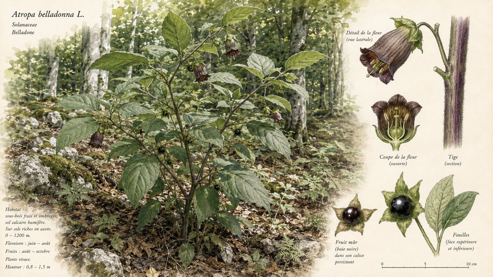 Atropa belladonna — belladone en fruit, baies noires luisantes et feuillage vert sombre