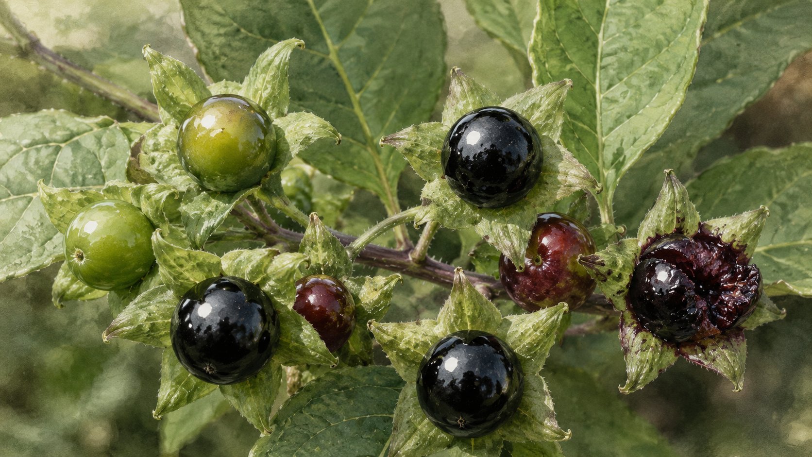 Atropa belladonna — baies noires luisantes dans leur calice étoilé vert