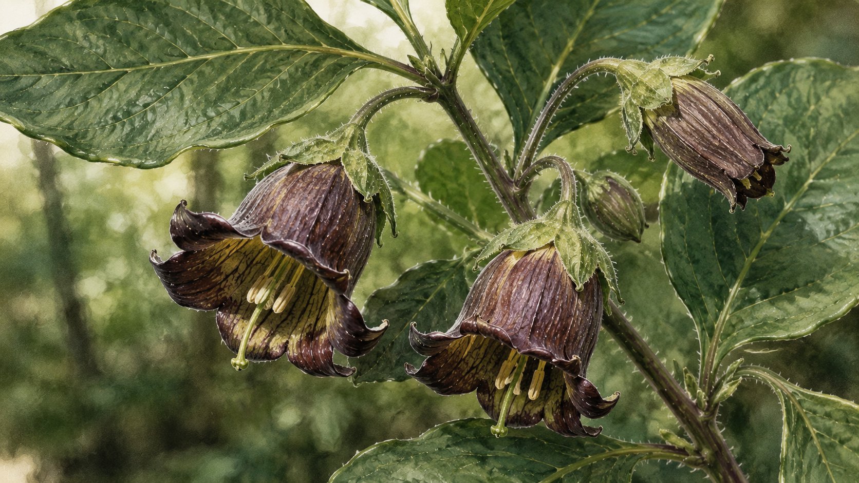 Atropa belladonna — fleurs brun-violacé pendantes et feuillage