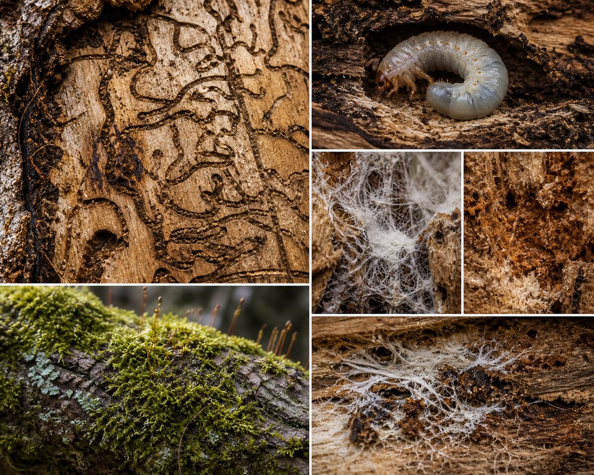 Illustration naturaliste : coupe d'un tronc en décomposition montrant les galeries d'insectes, une larve de lucane, les pourritures blanche et brune, le mycélium fongique et les mousses de surface