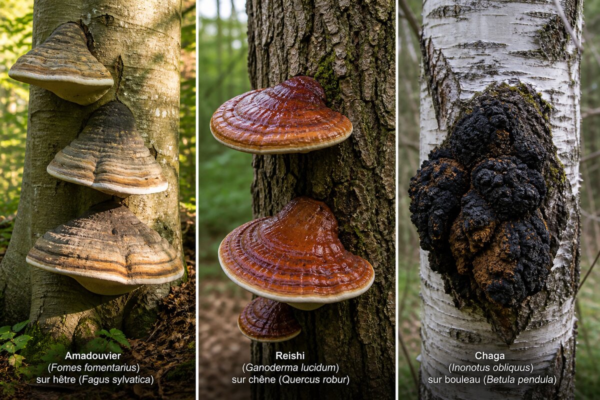 Planche botanique fusain : trois polypores médicinaux — amadouvier (Fomes fomentarius) sur hêtre, reishi (Ganoderma lucidum) sur chêne, chaga (Inonotus obliquus) sur bouleau