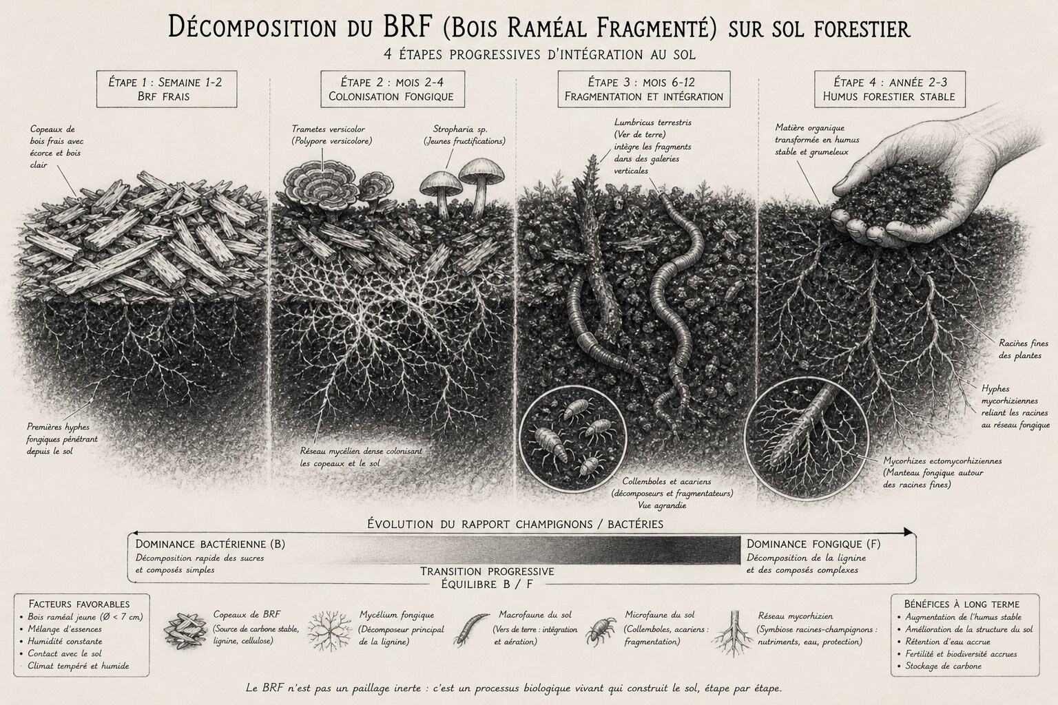 Schéma : les quatre phases de transformation du BRF en humus forestier — colonisation fongique, fragmentation, intégration par les vers de terre