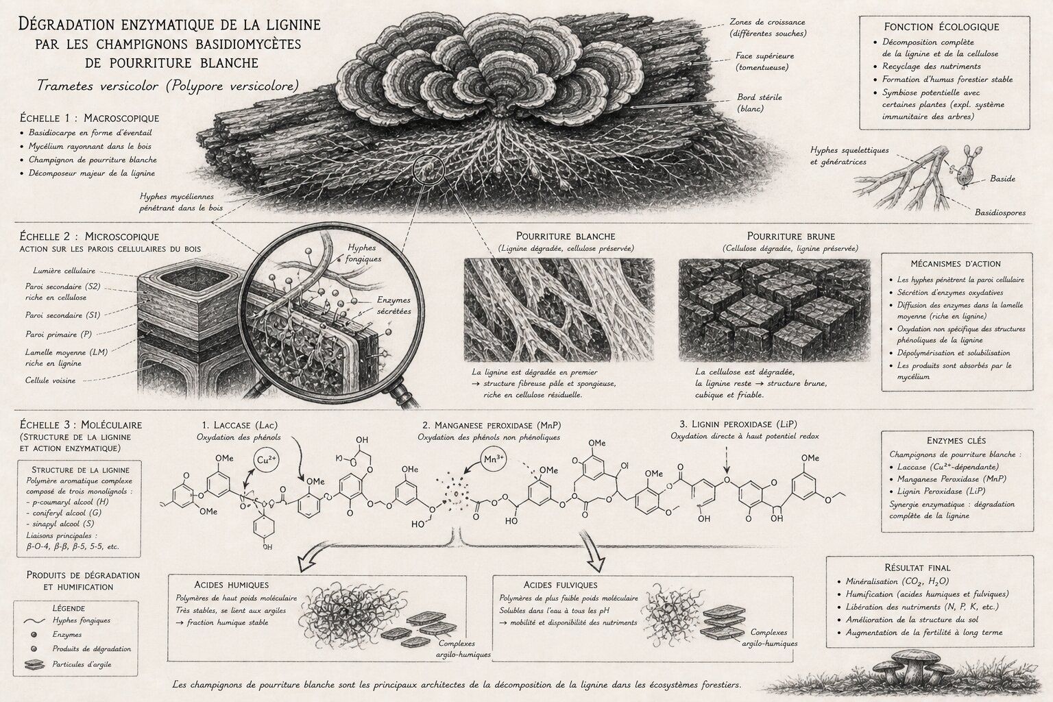 Schéma : mécanisme enzymatique de dégradation de la lignine par les champignons de pourriture blanche — laccases, peroxydases, lignine-peroxydases
