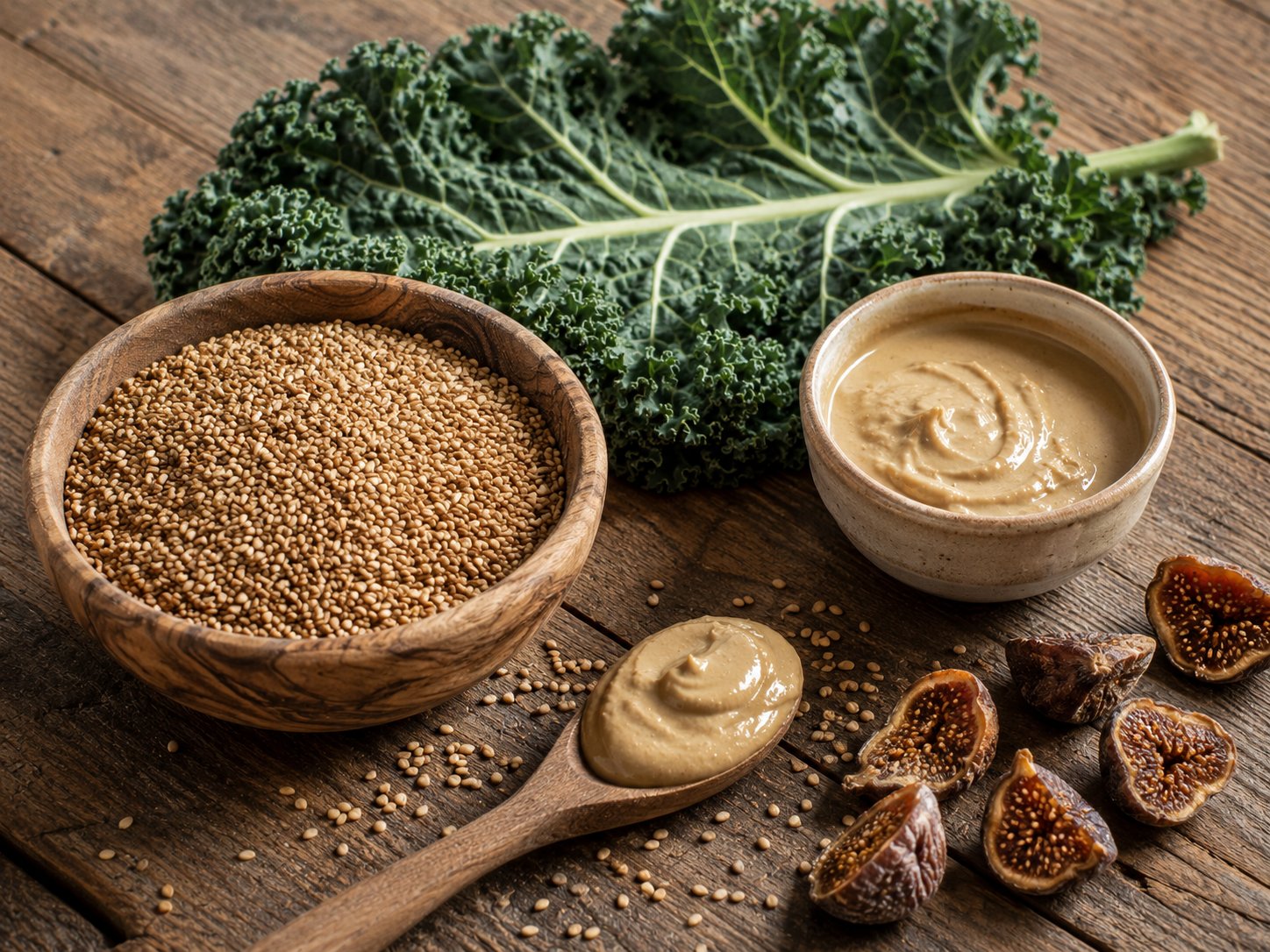Graines de sésame complet (non décortiqué), brun doré, dans un bol en bois avec une cuillère, à côté de tahini et de feuilles de chou frisé