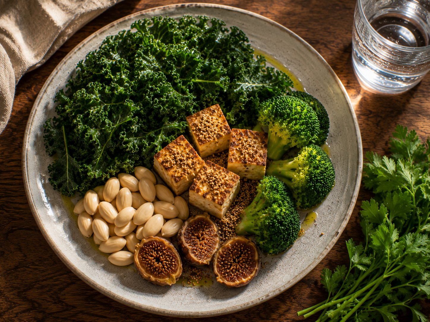 Assiette végétale riche en calcium : chou frisé, tofu grillé, brocoli, amandes émondées, gomasio et figues sèches