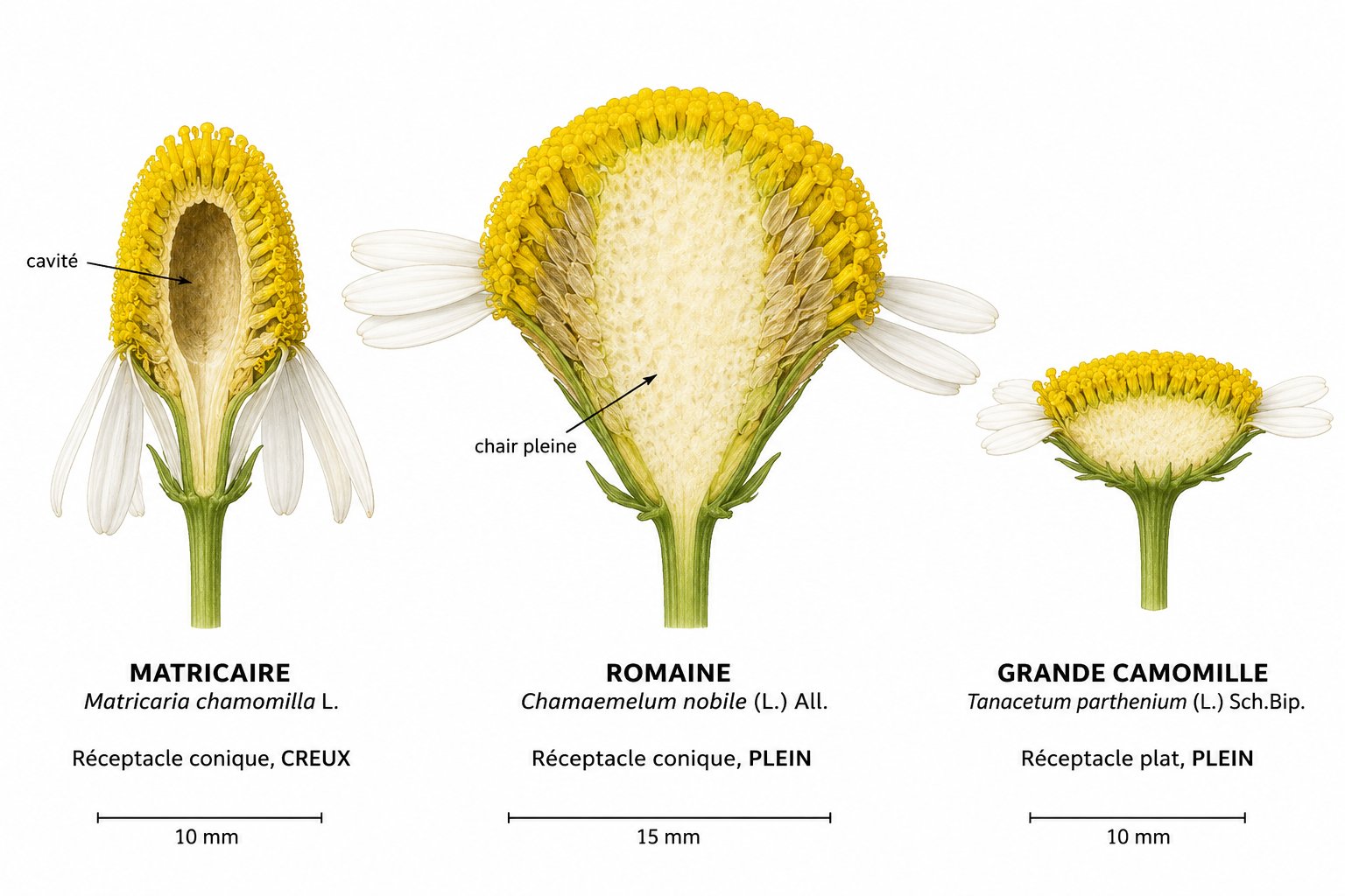 Coupe comparative des réceptacles : creux chez la matricaire, plein chez la romaine, plat chez la grande camomille